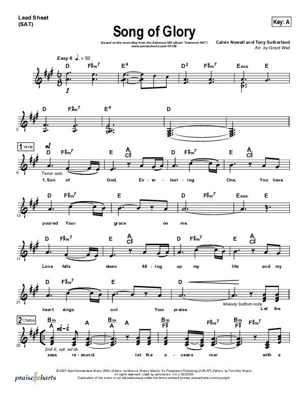 Song Of Glory Lead Sheet (SAT) (Ashmont Hill)