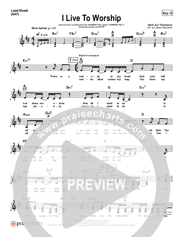 I Live To Worship You Lead Sheet (Ashmont Hill)