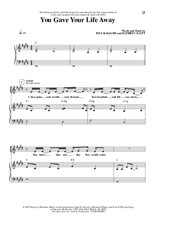 You Gave Your Life Away Piano/Vocal (Kathryn Scott)