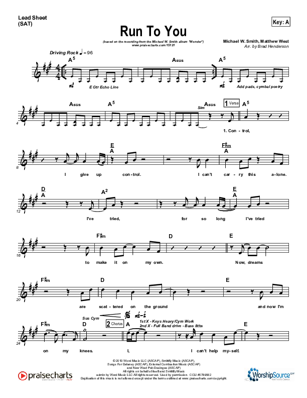 Run To You Lead Sheet (SAT) (Michael W. Smith)