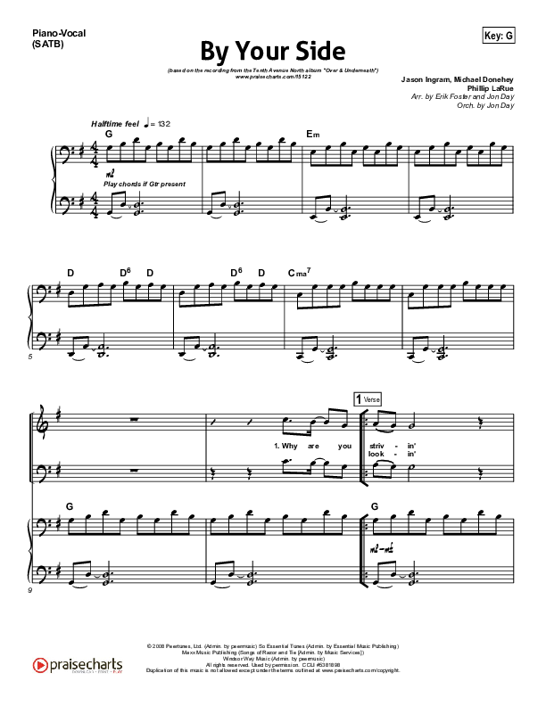 By Your Side Piano/Vocal (SATB) (Tenth Avenue North)