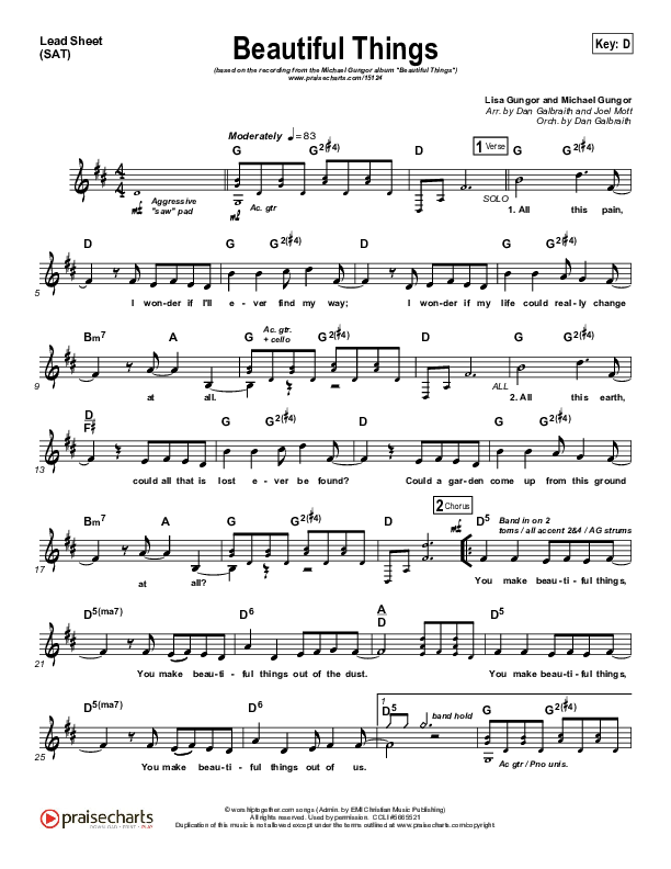 Beautiful Things Lead Sheet (SAT) (Michael Gungor)