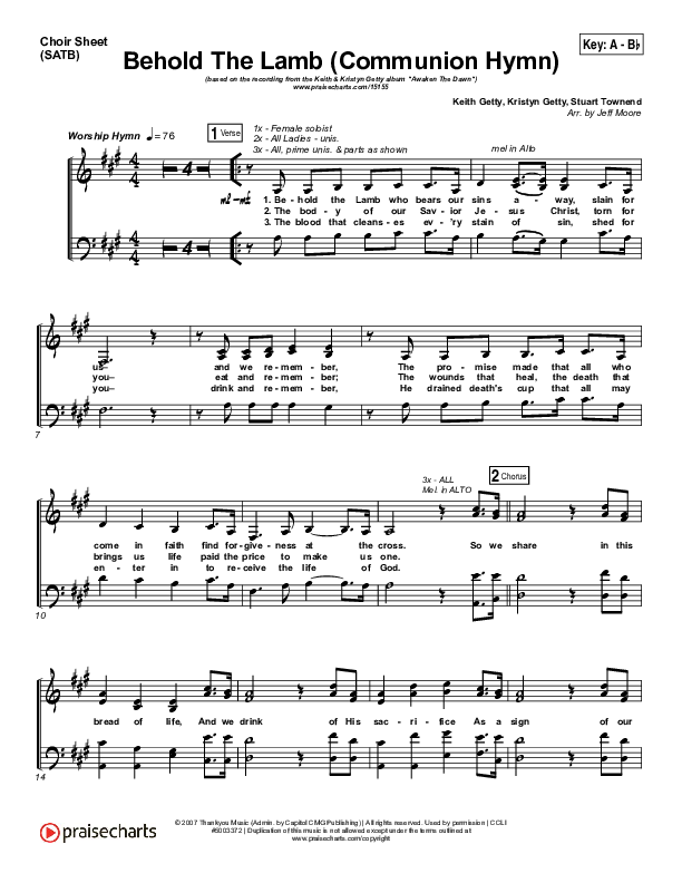 Behold The Lamb (Communion Hymn) Vocal Sheet (SATB) (Keith & Kristyn Getty)