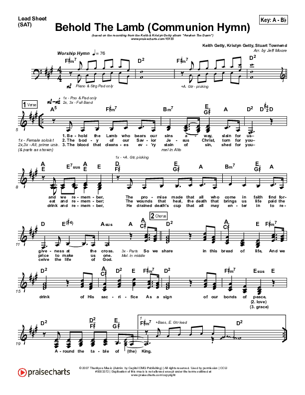 Behold The Lamb (Communion Hymn) Lead Sheet (SAT) (Keith & Kristyn Getty)