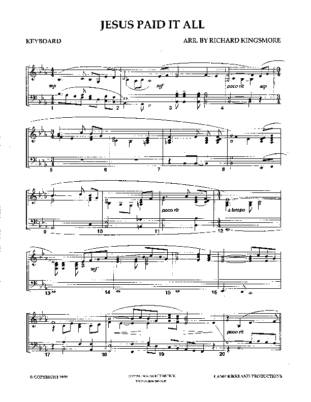 Jesus Paid It All (Instrumental) Piano Sheet (Camp Kirkland)