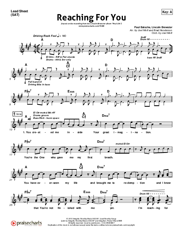 Reaching For You Lead Sheet (Lincoln Brewster)