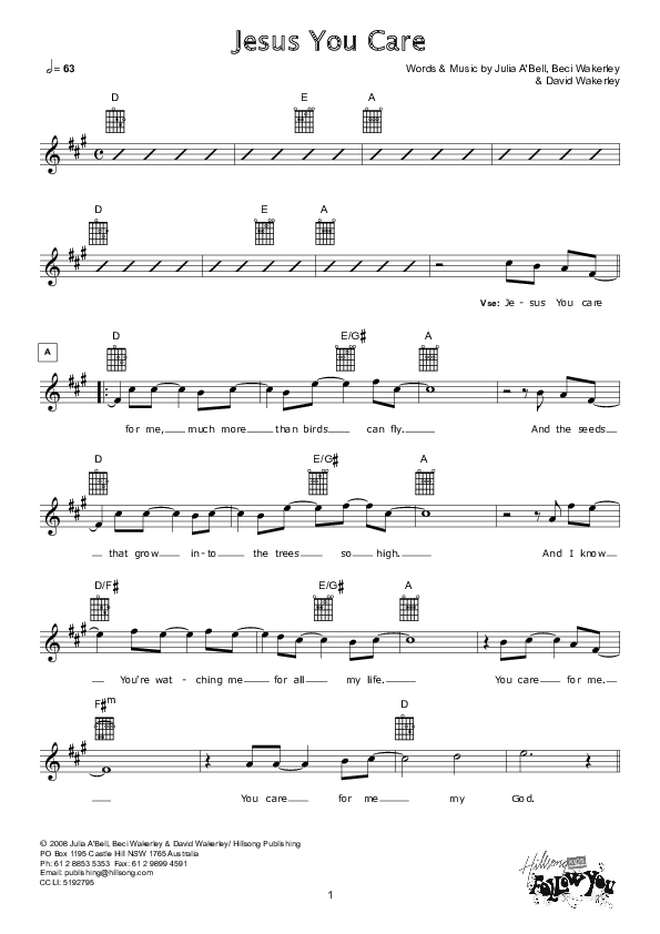 Jesus You Care Lead Sheet (Hillsong Kids)