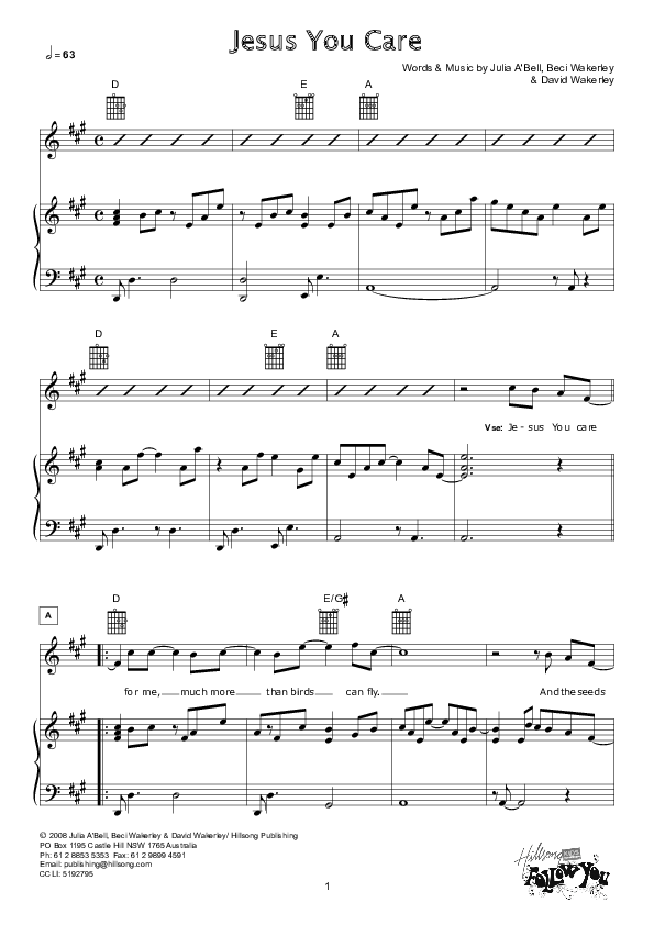 Jesus You Care Piano/Vocal (Hillsong Kids)