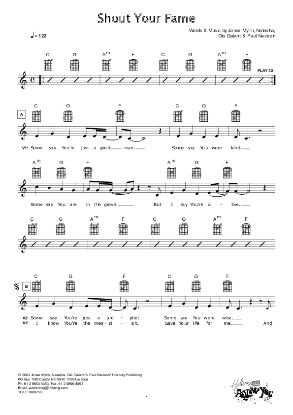 Shout Your Fame Lead Sheet (Hillsong Kids)