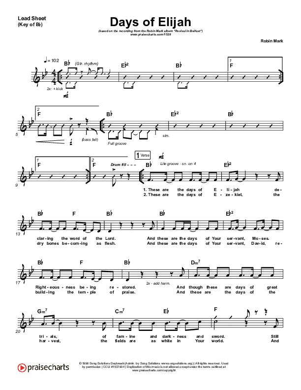 Days of Elijah Lead Sheet (Melody) (Robin Mark)