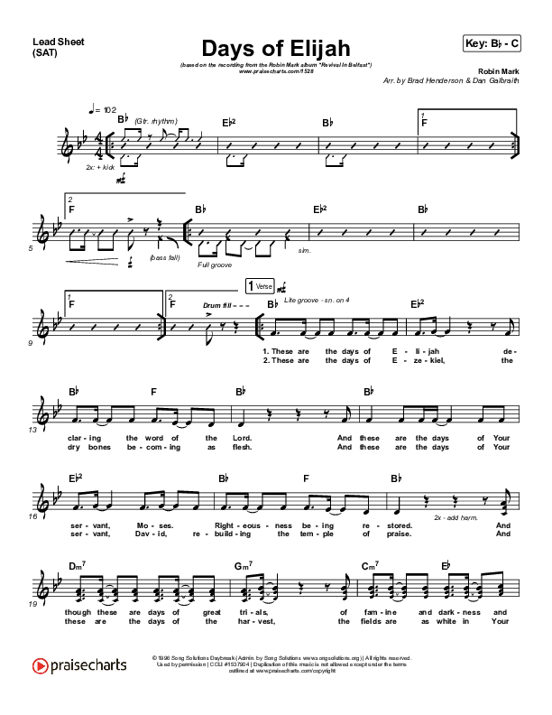 Days of Elijah Lead Sheet (SAT) (Robin Mark)