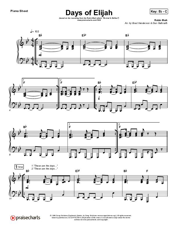 Days of Elijah Piano Sheet (Robin Mark)