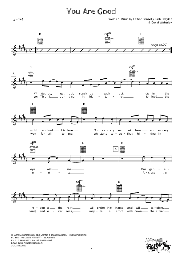 You Are Good Lead Sheet (Hillsong Kids)