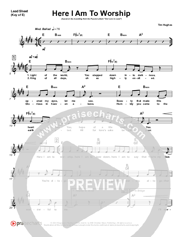 Here I Am To Worship Lead Sheet (Melody) (Chris Tomlin / Passion)