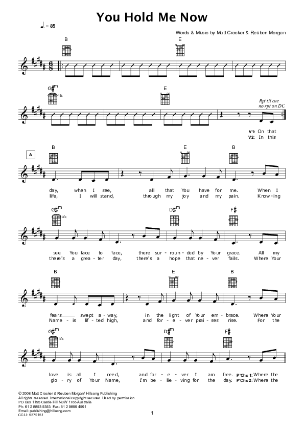 You Hold Me Now Lead Sheet (Hillsong Worship)