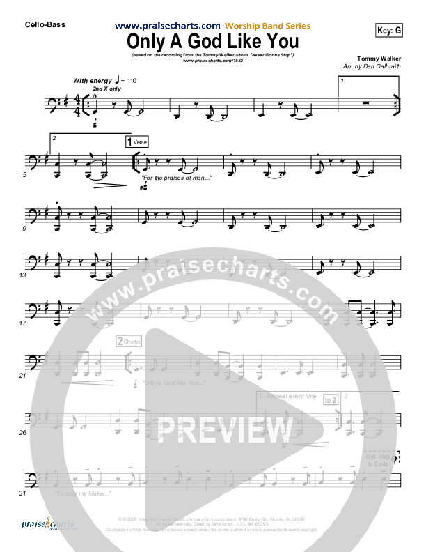 Only A God Like You Cello/Bass (Tommy Walker)