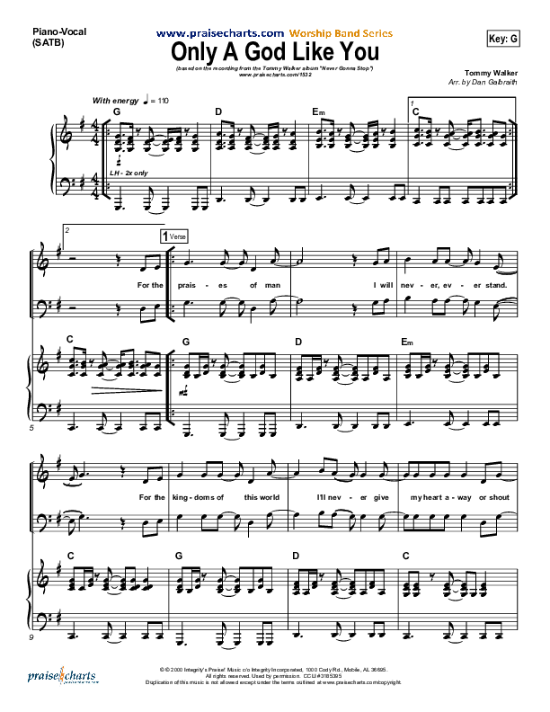 Only A God Like You Piano/Vocal (SATB) (Tommy Walker)