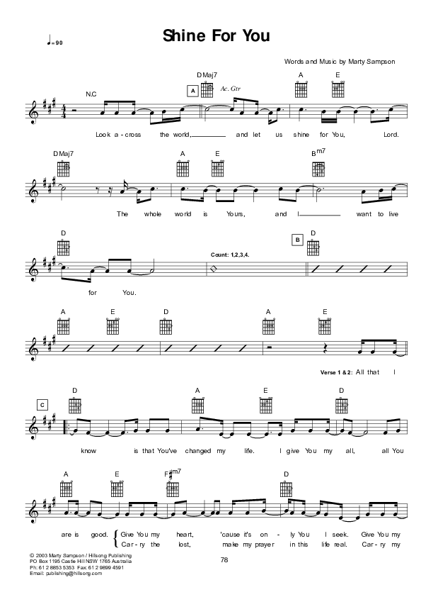 Shine For You Lead Sheet (Hillsong UNITED)