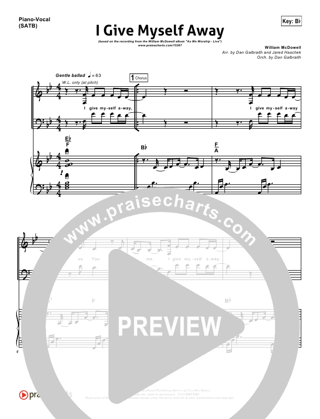 I Give Myself Away Lead Sheet & Piano/Vocal William McDowell PraiseCharts