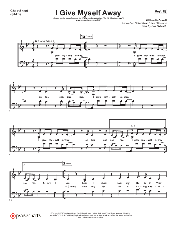 I Give Myself Away Choir Sheet (SATB) (William McDowell)