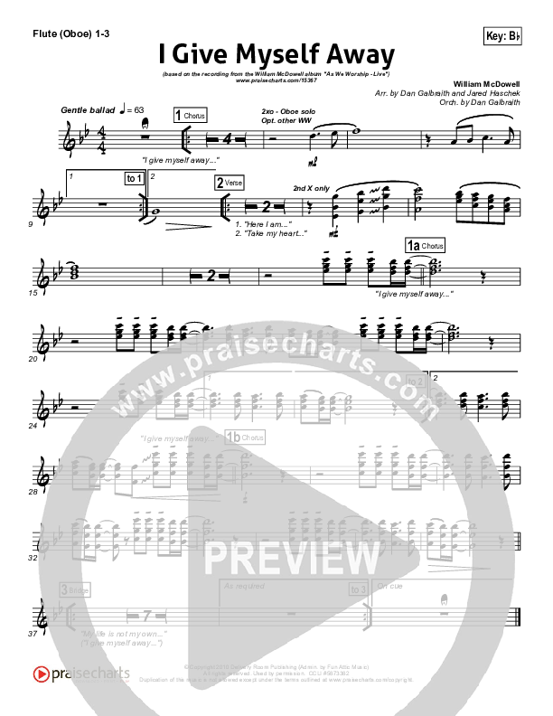 I Give Myself Away Flute/Oboe 1/2/3 (William McDowell)