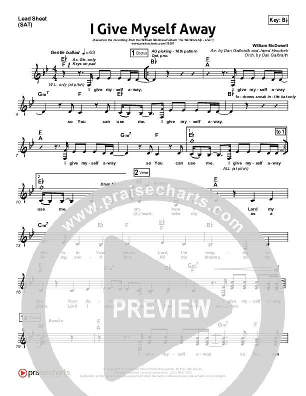 I Give Myself Away Lead Sheet (William McDowell)