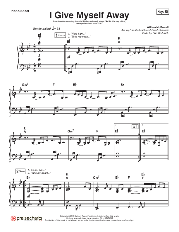 I Give Myself Away Piano Sheet (William McDowell)