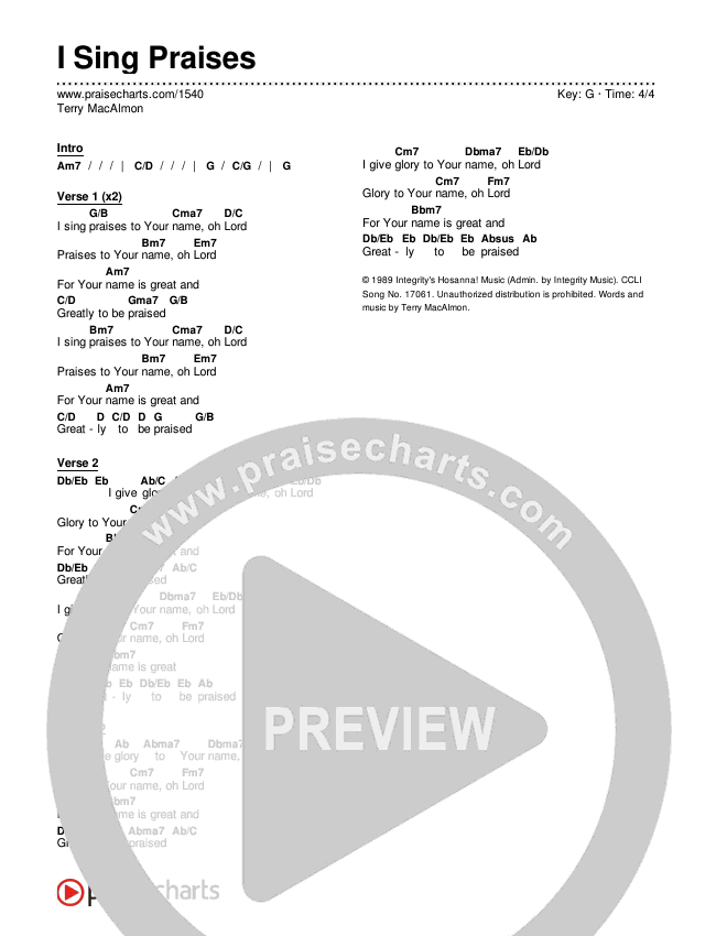 I Sing Praises Chords & Lyrics (Terry MacAlmon)