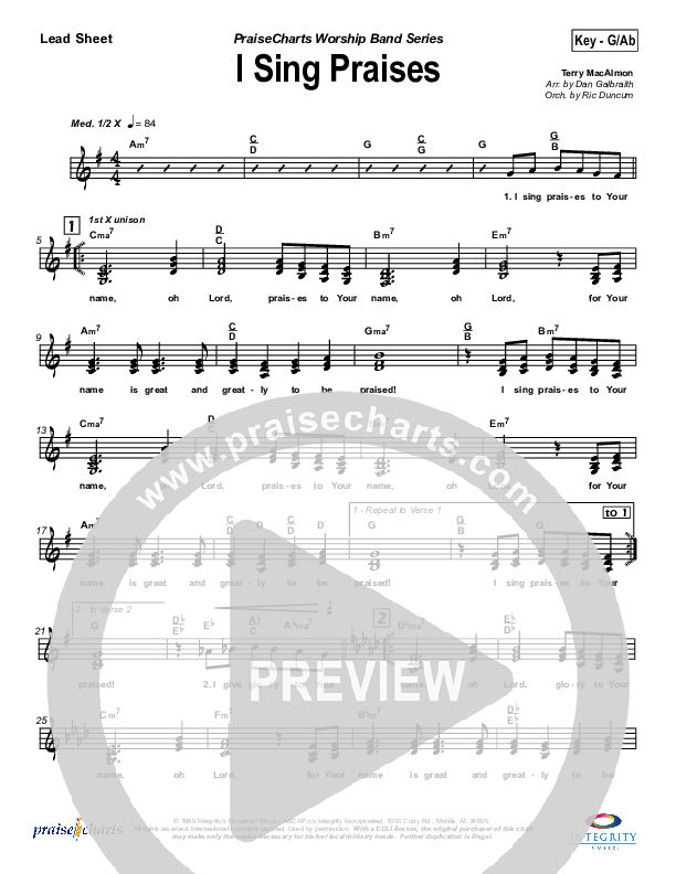 I Sing Praises Lead Sheet (SAT) (Terry MacAlmon)