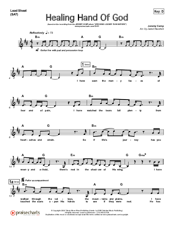 Healing Hand Of God Lead Sheet (Jeremy Camp)