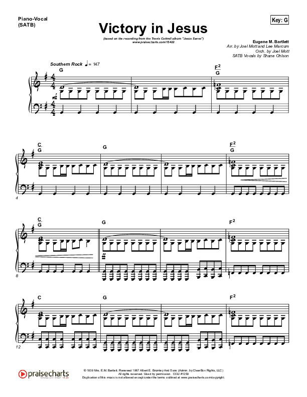 Victory In Jesus Piano/Vocal (SATB) (Travis Cottrell)