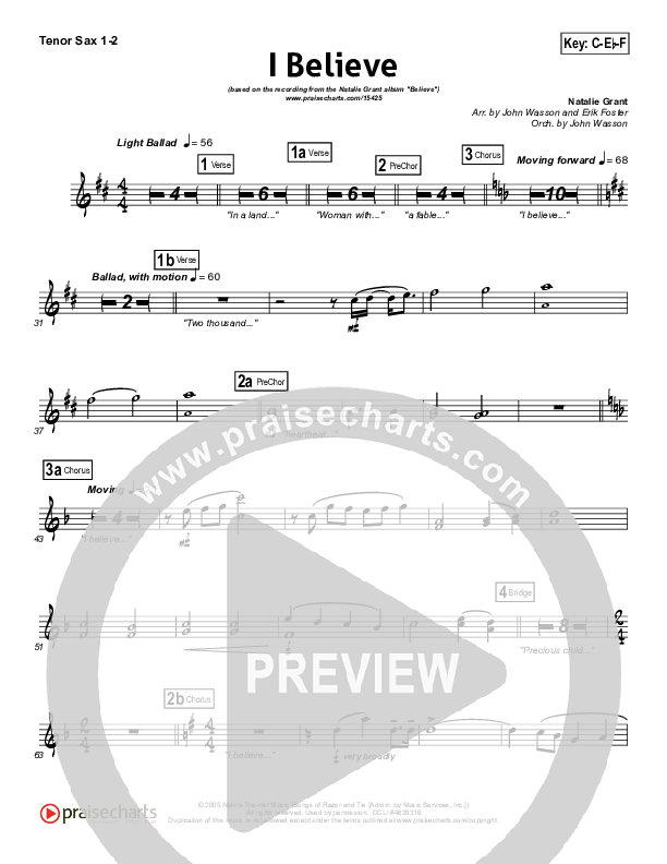 I Believe Tenor Sax 1/2 (Natalie Grant)