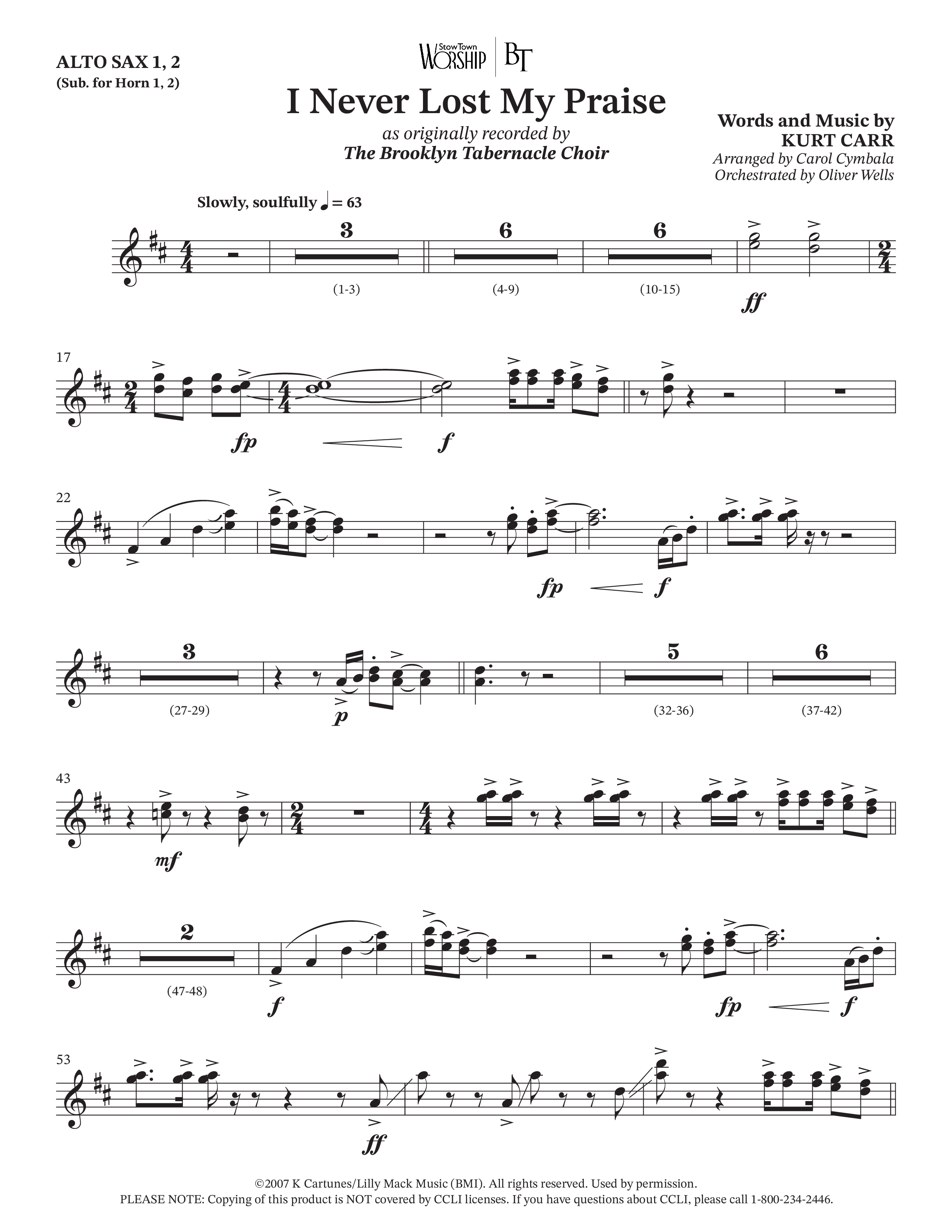 I Never Lost My Praise (Choral Anthem SATB) Alto Sax 1/2 (The Brooklyn Tabernacle Choir / Arr. Carol Cymbala / Orch. Oliver Wells)