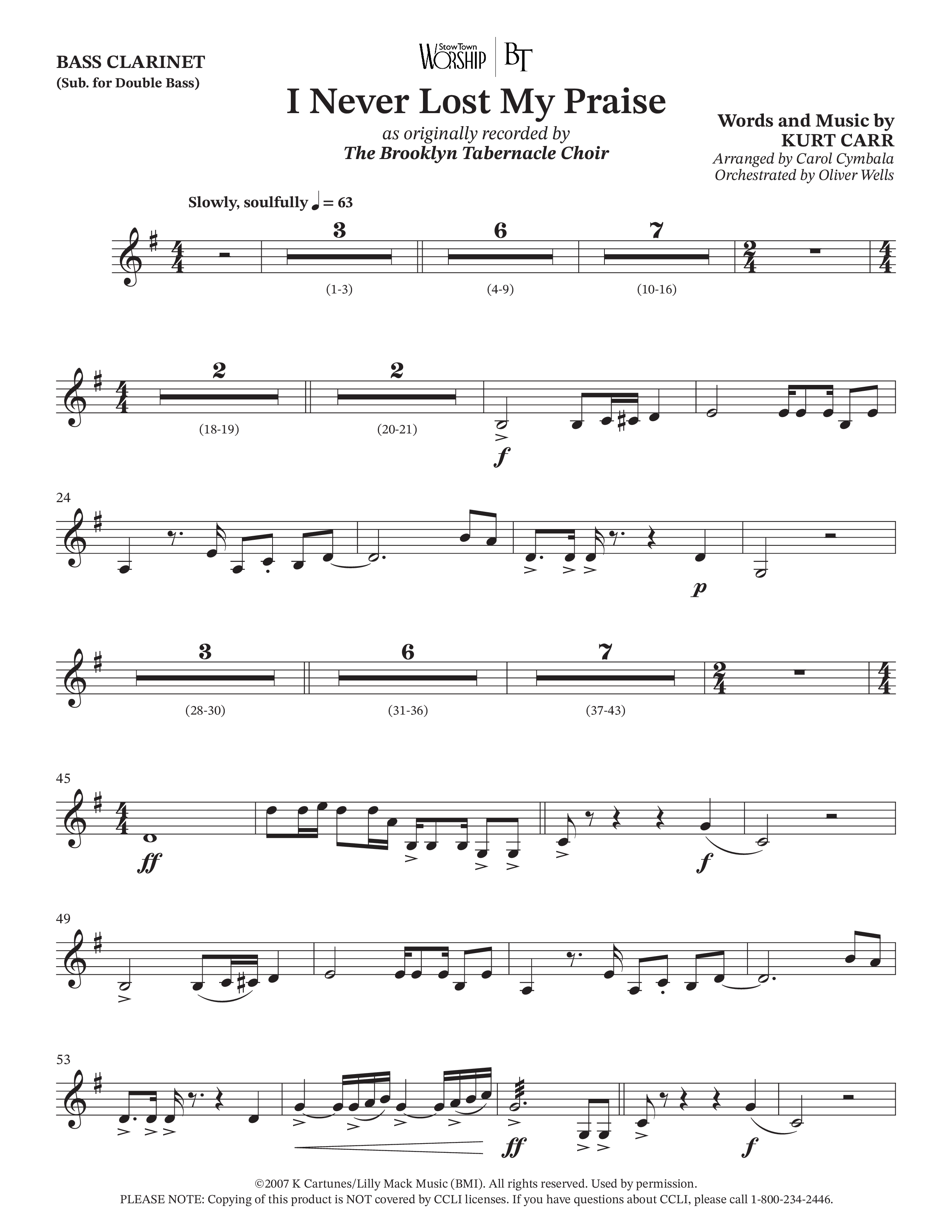I Never Lost My Praise (Choral Anthem SATB) Bass Clarinet (The Brooklyn Tabernacle Choir / Arr. Carol Cymbala / Orch. Oliver Wells)