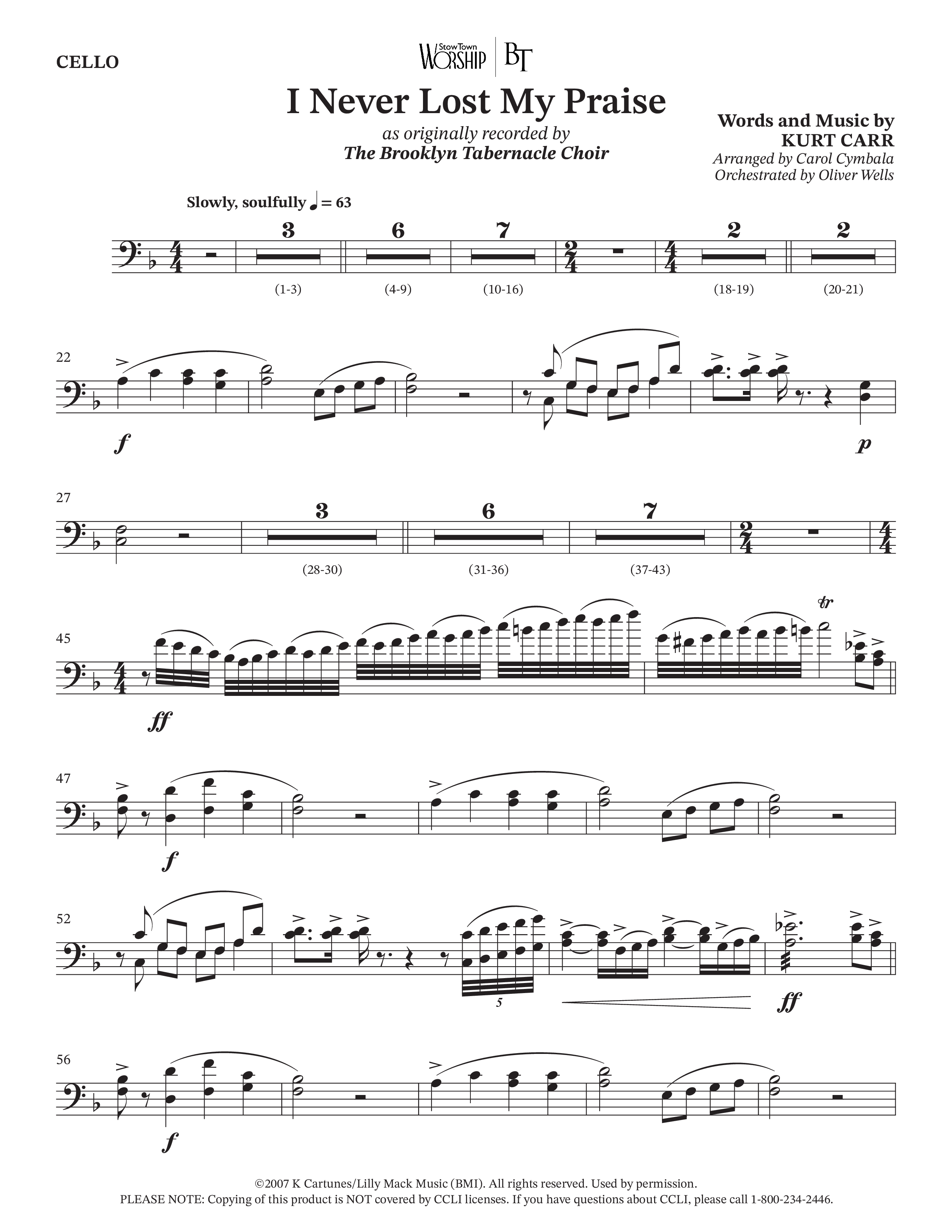 I Never Lost My Praise (Choral Anthem SATB) Cello (The Brooklyn Tabernacle Choir / Arr. Carol Cymbala / Orch. Oliver Wells)