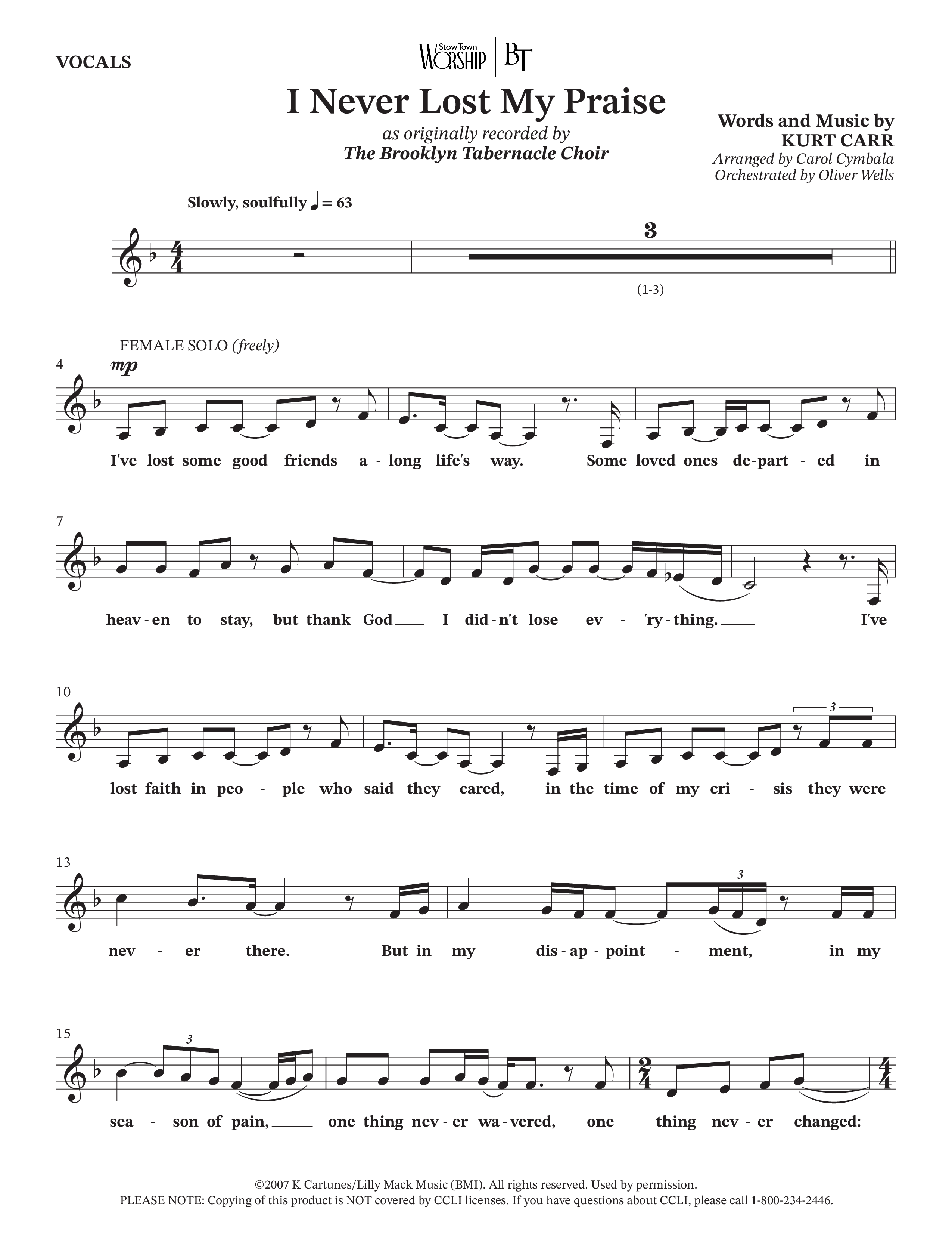 I Never Lost My Praise (Choral Anthem SATB) Choir Sheet (SATB) (The Brooklyn Tabernacle Choir / Arr. Carol Cymbala / Orch. Oliver Wells)