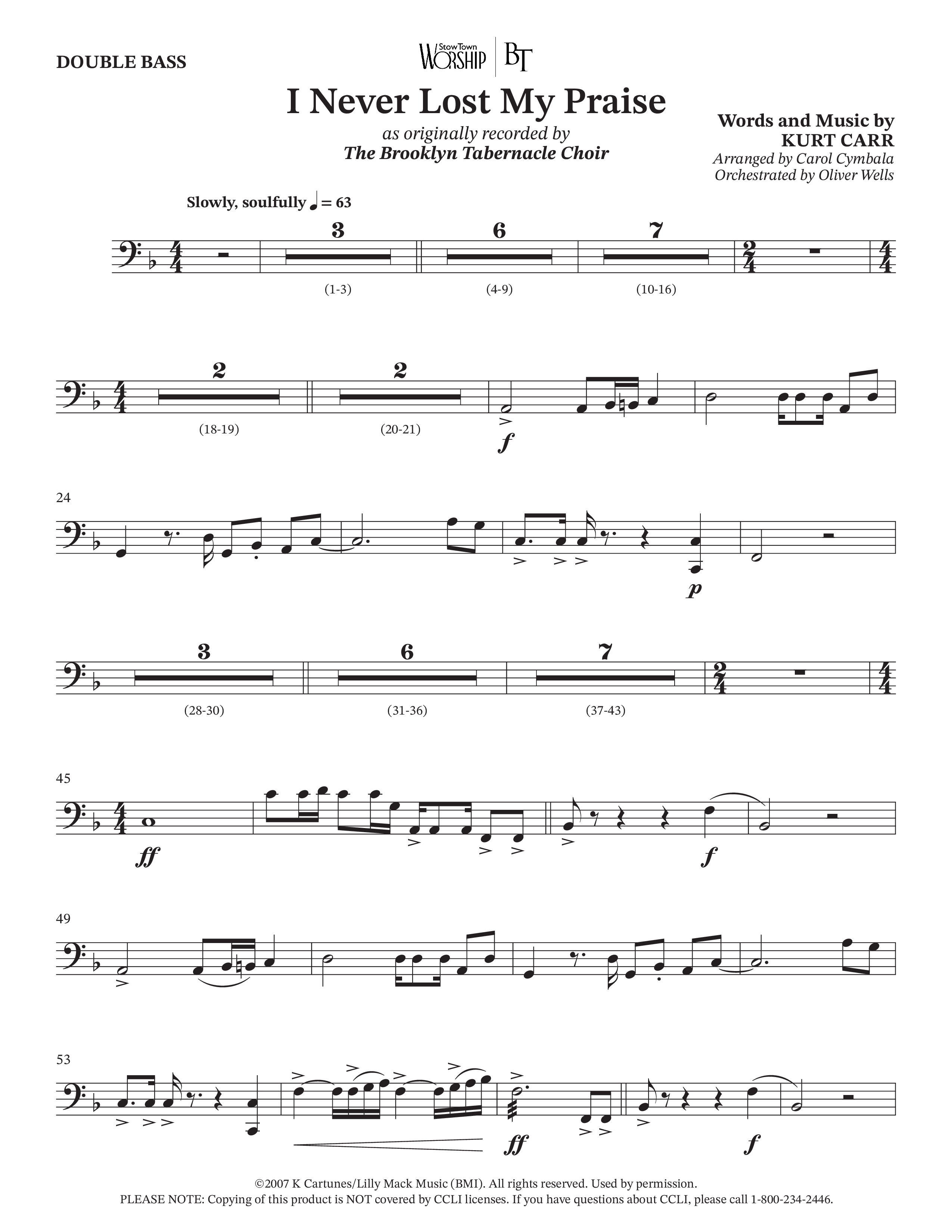 I Never Lost My Praise (Choral Anthem SATB) Double Bass (The Brooklyn Tabernacle Choir / Arr. Carol Cymbala / Orch. Oliver Wells)