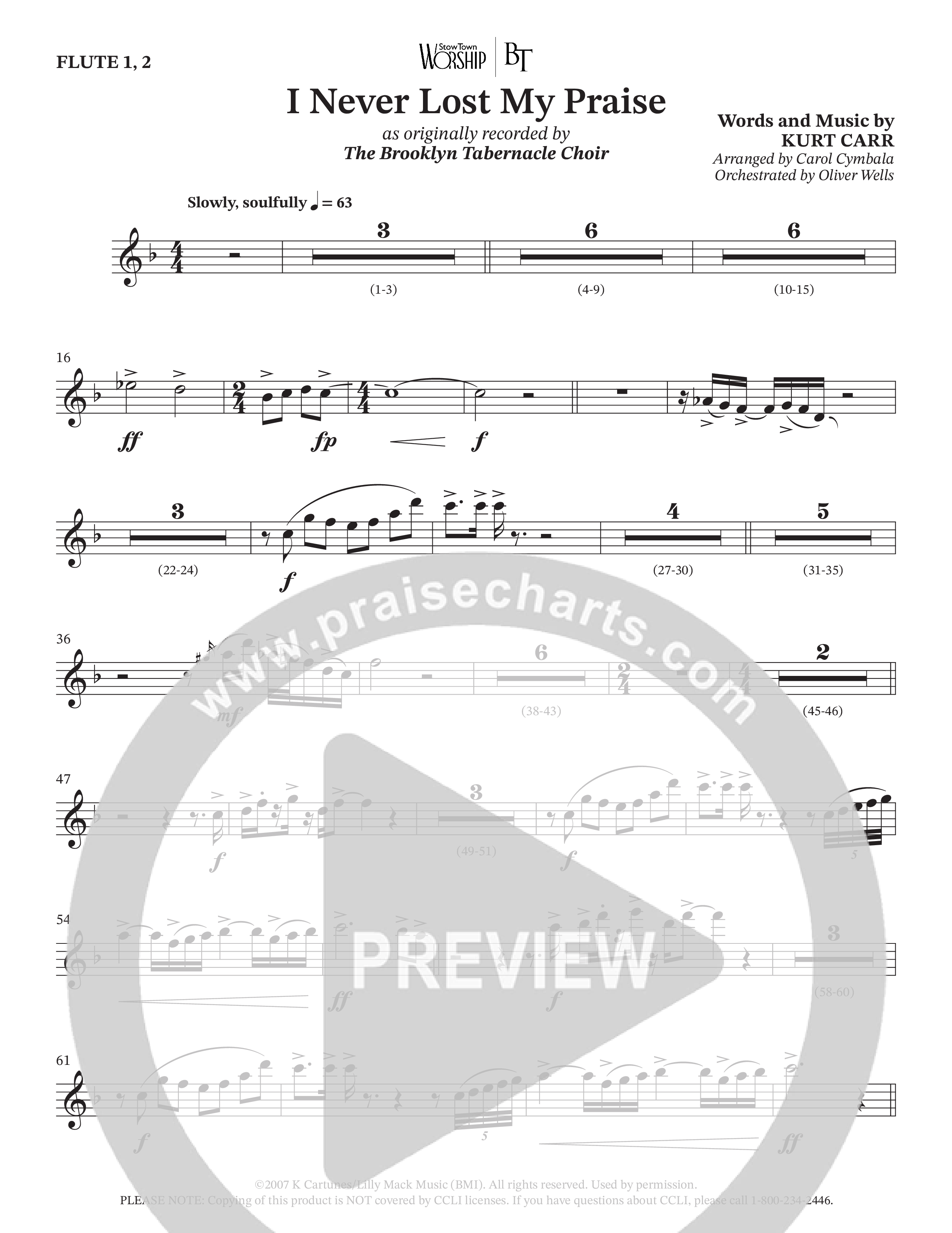 I Never Lost My Praise (Choral Anthem SATB) Flute 1/2 (The Brooklyn Tabernacle Choir / Arr. Carol Cymbala / Orch. Oliver Wells)
