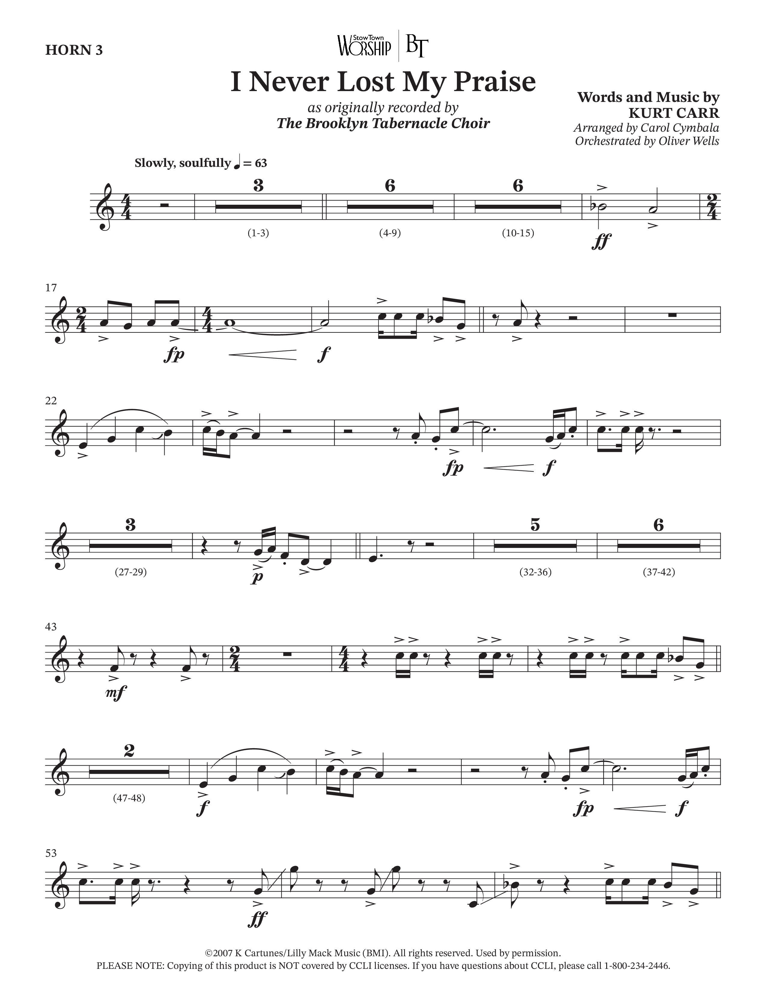 I Never Lost My Praise (Choral Anthem SATB) French Horn 3 (The Brooklyn Tabernacle Choir / Arr. Carol Cymbala / Orch. Oliver Wells)