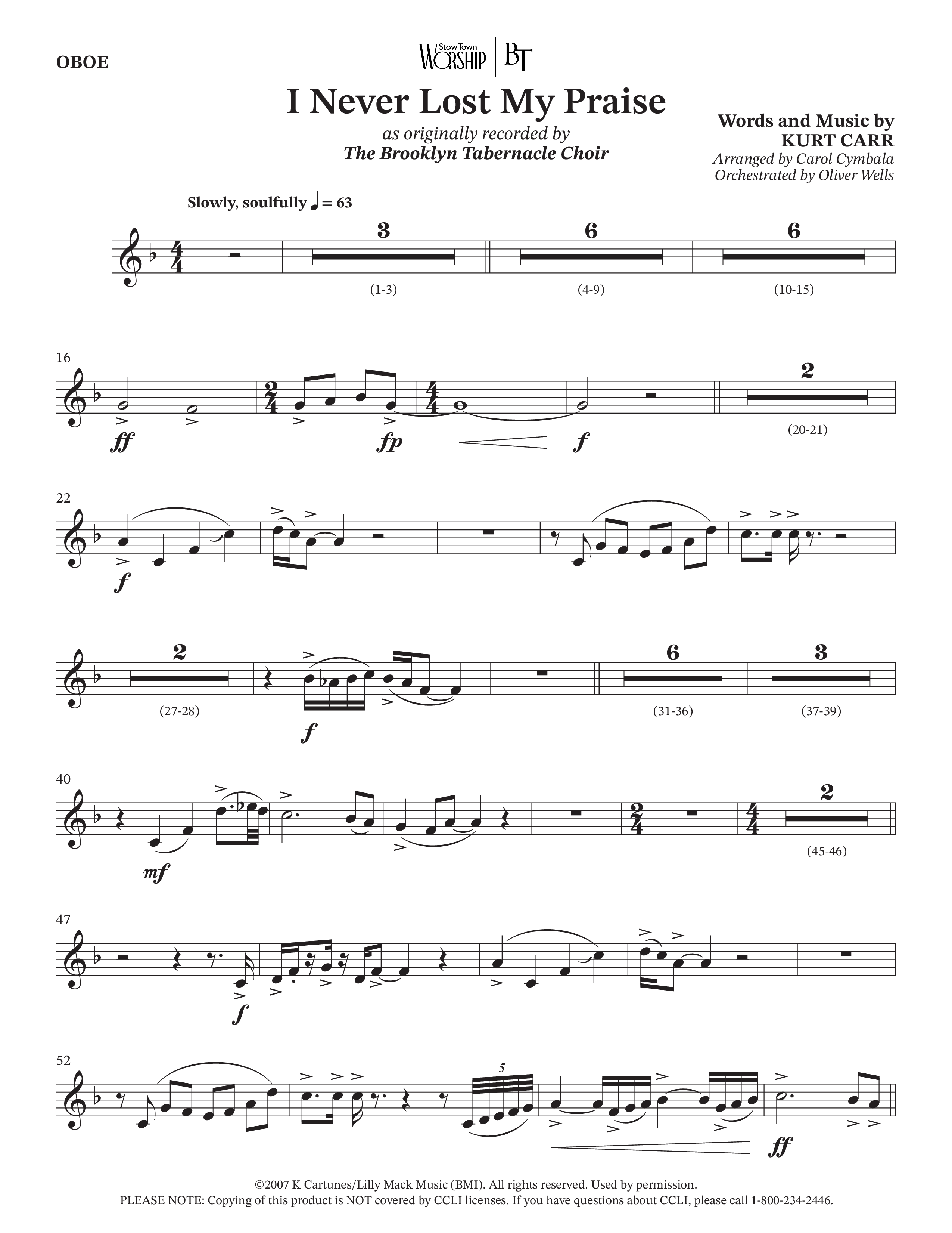 I Never Lost My Praise (Choral Anthem SATB) Oboe (The Brooklyn Tabernacle Choir / Arr. Carol Cymbala / Orch. Oliver Wells)