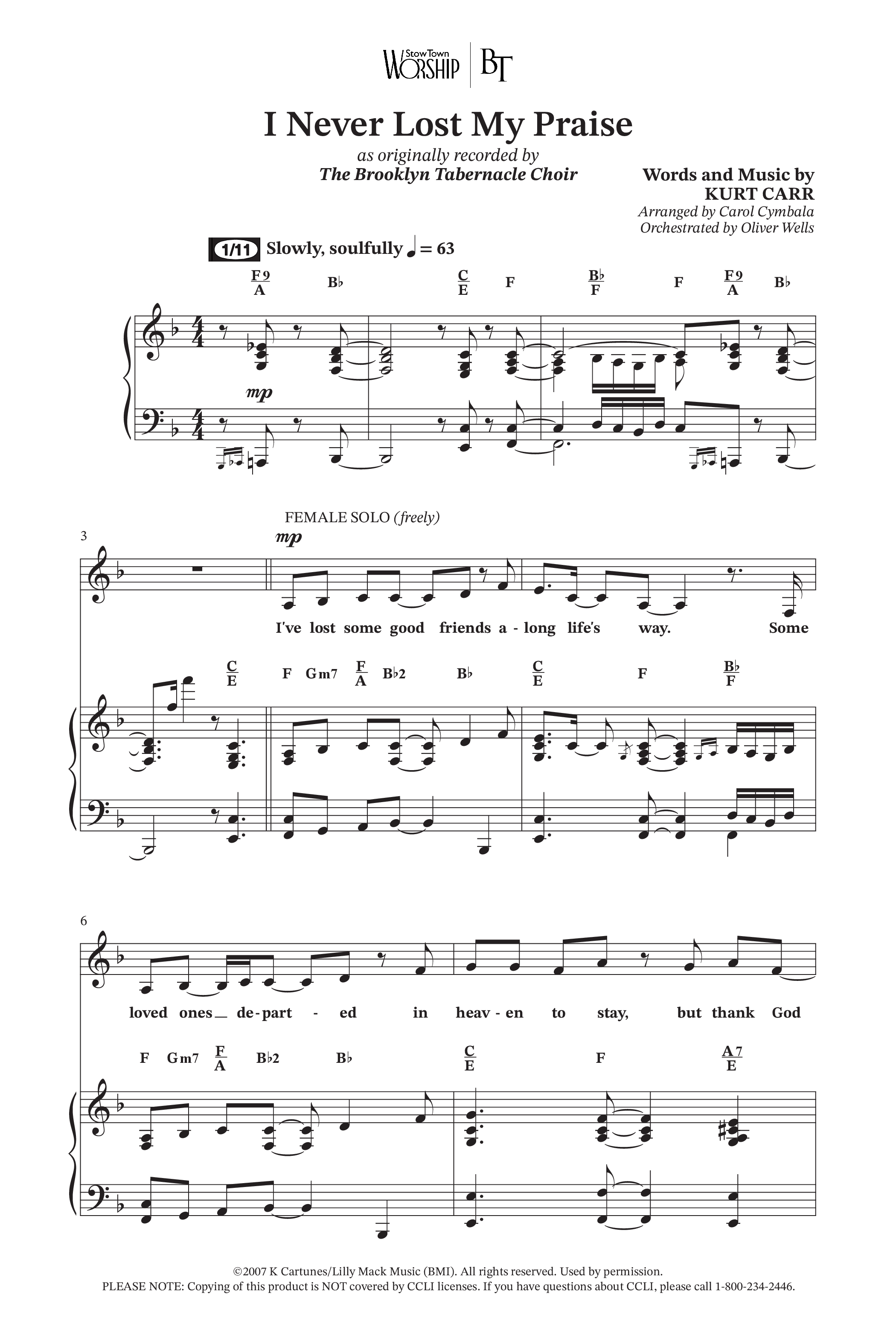 I Never Lost My Praise (Choral Anthem SATB) Octavo (SATB & Pno) (The Brooklyn Tabernacle Choir / Arr. Carol Cymbala / Orch. Oliver Wells)