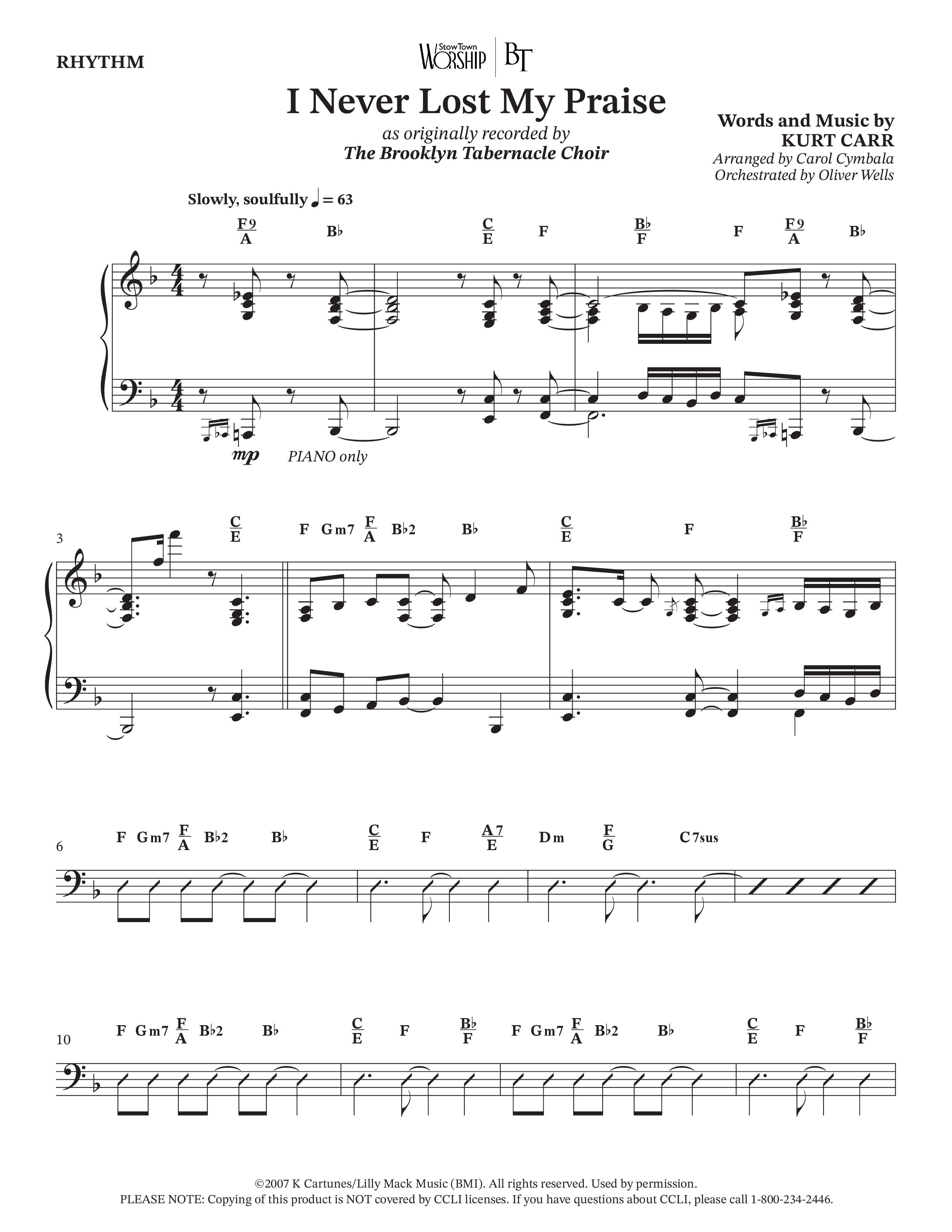 I Never Lost My Praise (Choral Anthem SATB) Rhythm Chart (The Brooklyn Tabernacle Choir / Arr. Carol Cymbala / Orch. Oliver Wells)