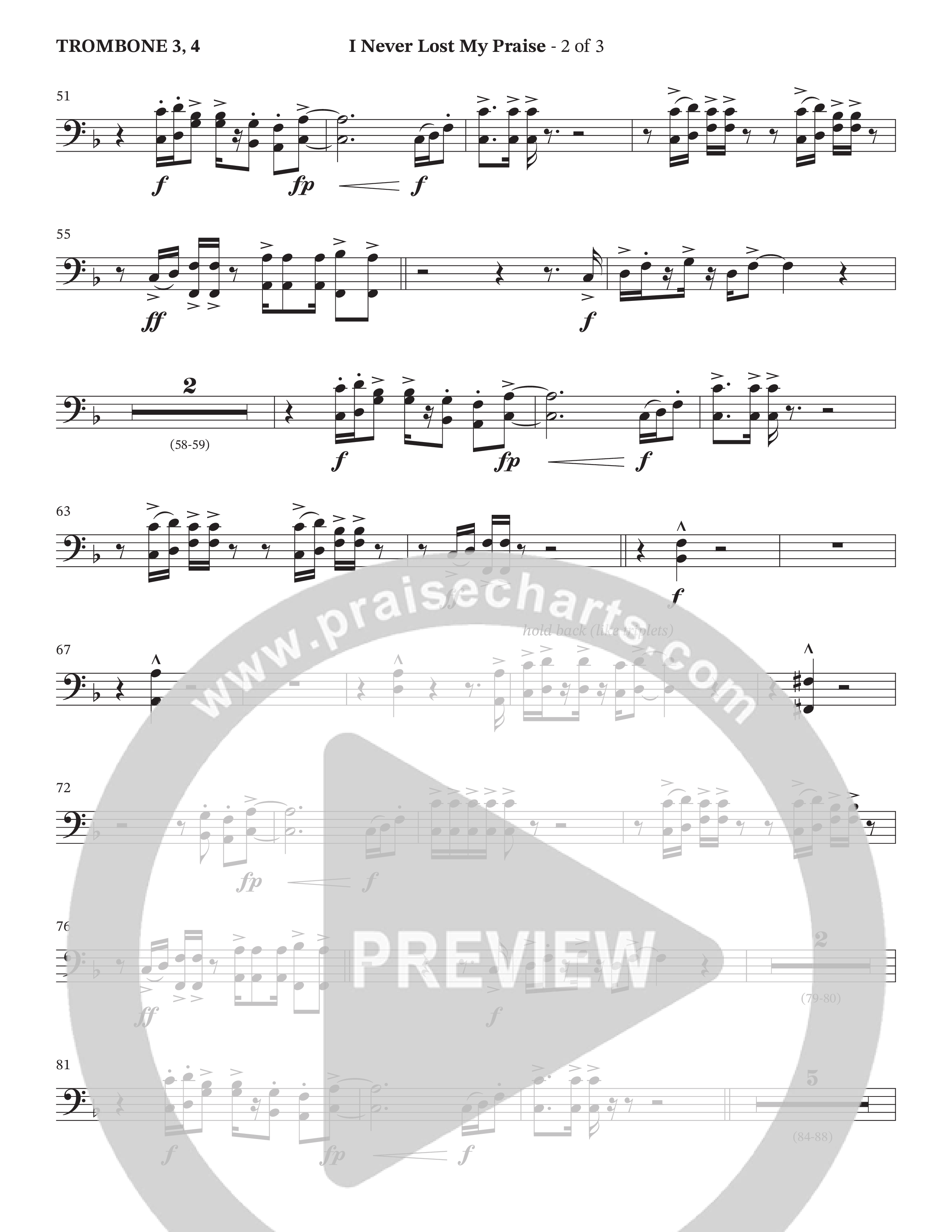 I Never Lost My Praise (Choral Anthem SATB) Trombone 3/4 (The Brooklyn Tabernacle Choir / Arr. Carol Cymbala / Orch. Oliver Wells)
