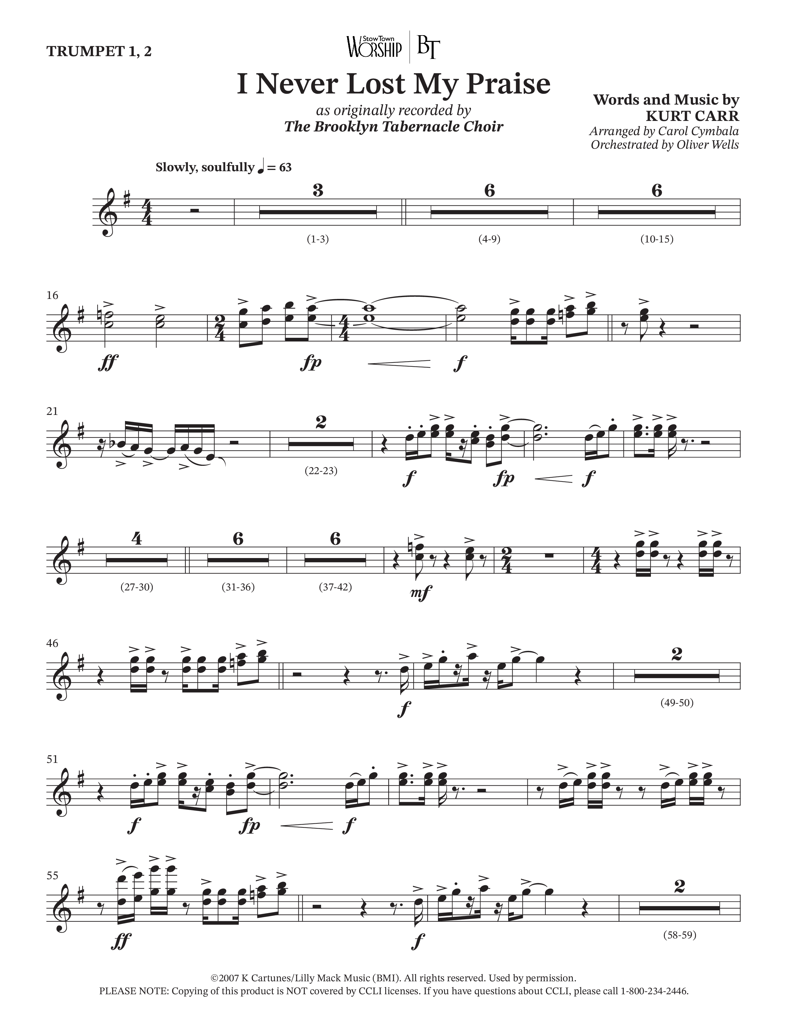 I Never Lost My Praise (Choral Anthem SATB) Trumpet 1,2 (The Brooklyn Tabernacle Choir / Arr. Carol Cymbala / Orch. Oliver Wells)