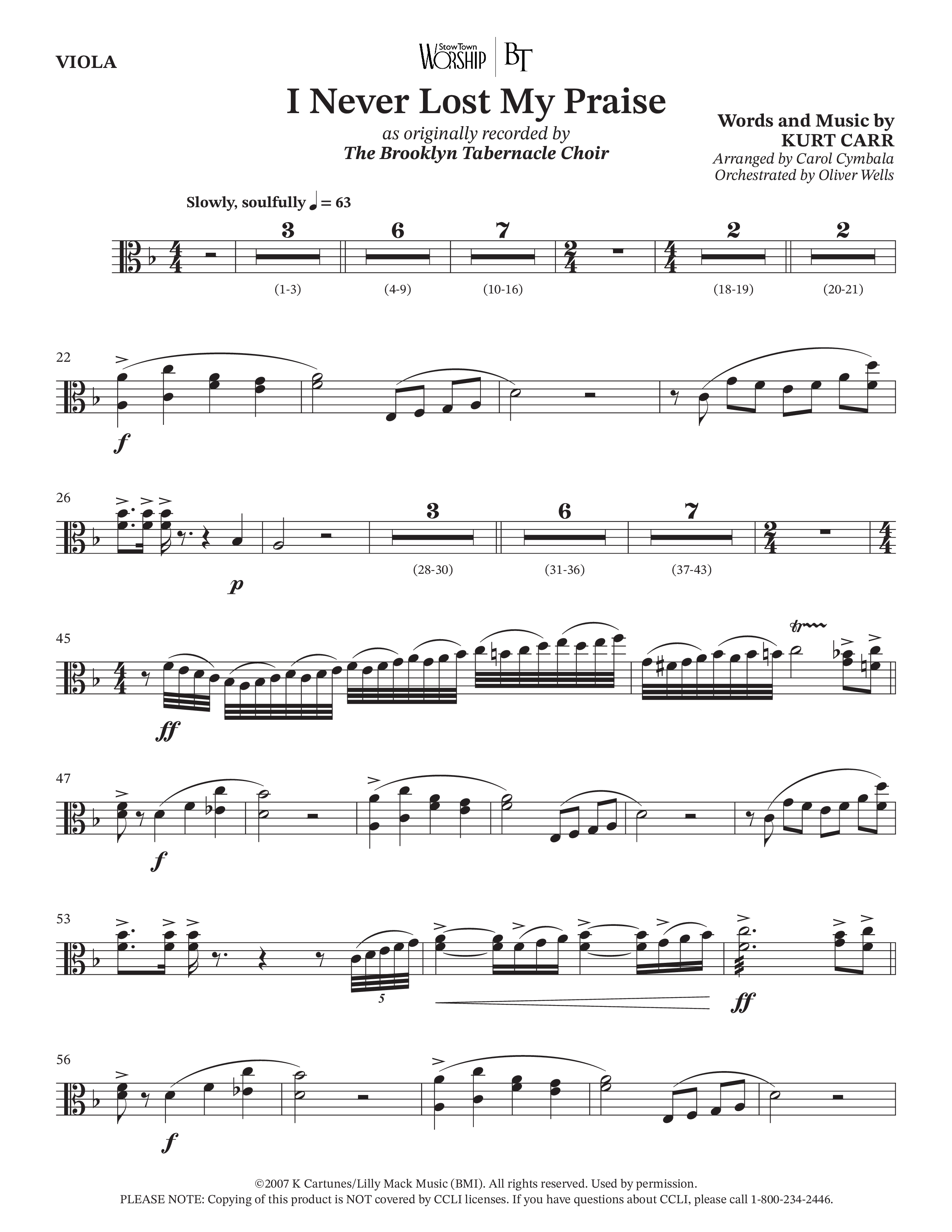 I Never Lost My Praise (Choral Anthem SATB) Viola (The Brooklyn Tabernacle Choir / Arr. Carol Cymbala / Orch. Oliver Wells)