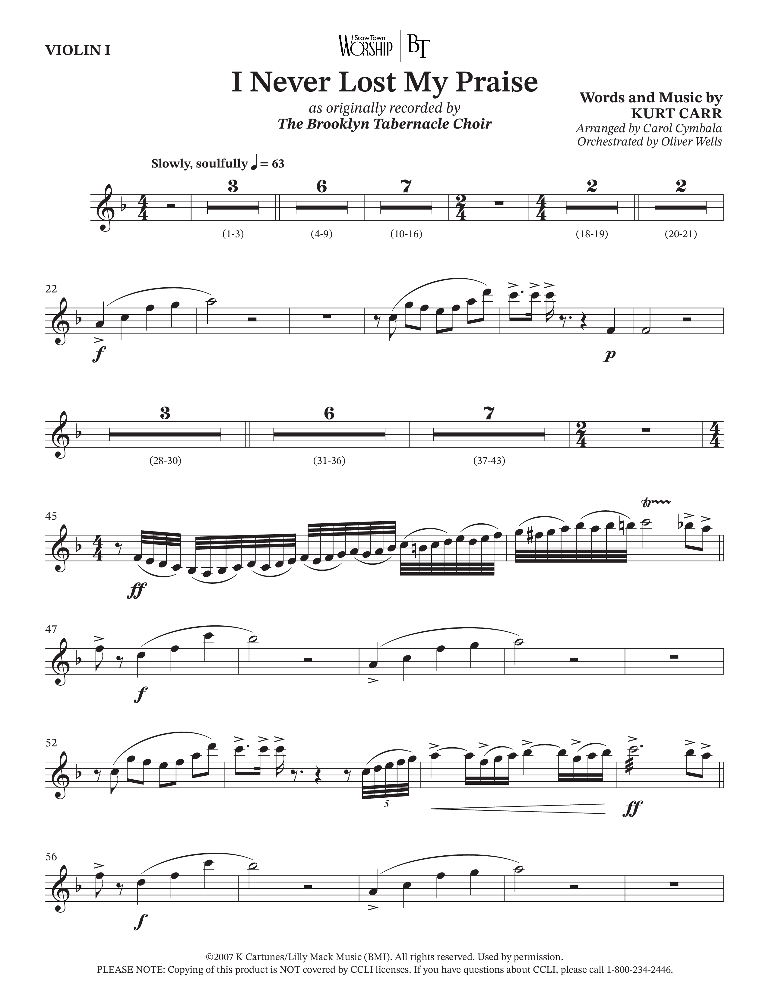 I Never Lost My Praise (Choral Anthem SATB) Violin 1 (The Brooklyn Tabernacle Choir / Arr. Carol Cymbala / Orch. Oliver Wells)