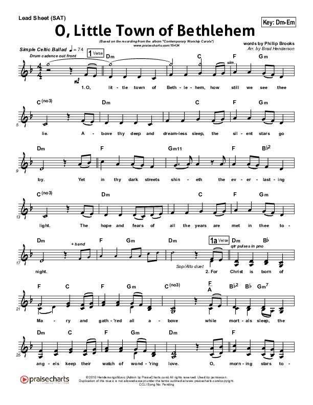 O Little Town Of Bethlehem Lead Sheet (SAT) (Brad Henderson)