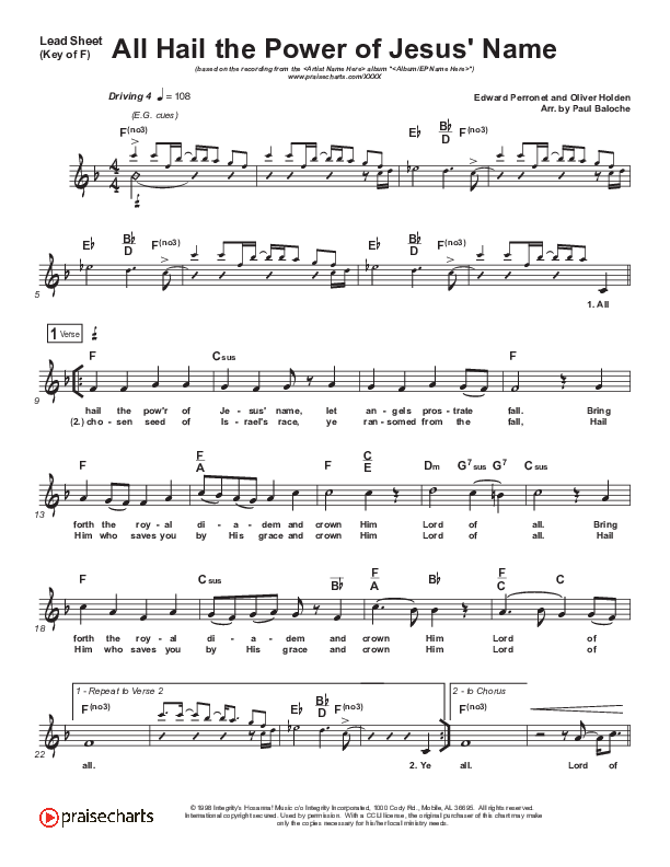 All Hail the Power of Jesus Name Lead Sheet (Melody) (Paul Baloche)