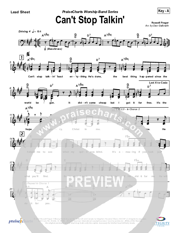 Can't Stop Talking Lead Sheet (SAT) (Hillsong Worship)