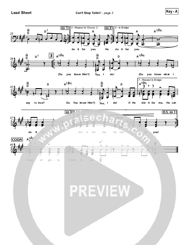 Can't Stop Talking Lead Sheet (SAT) (Hillsong Worship)